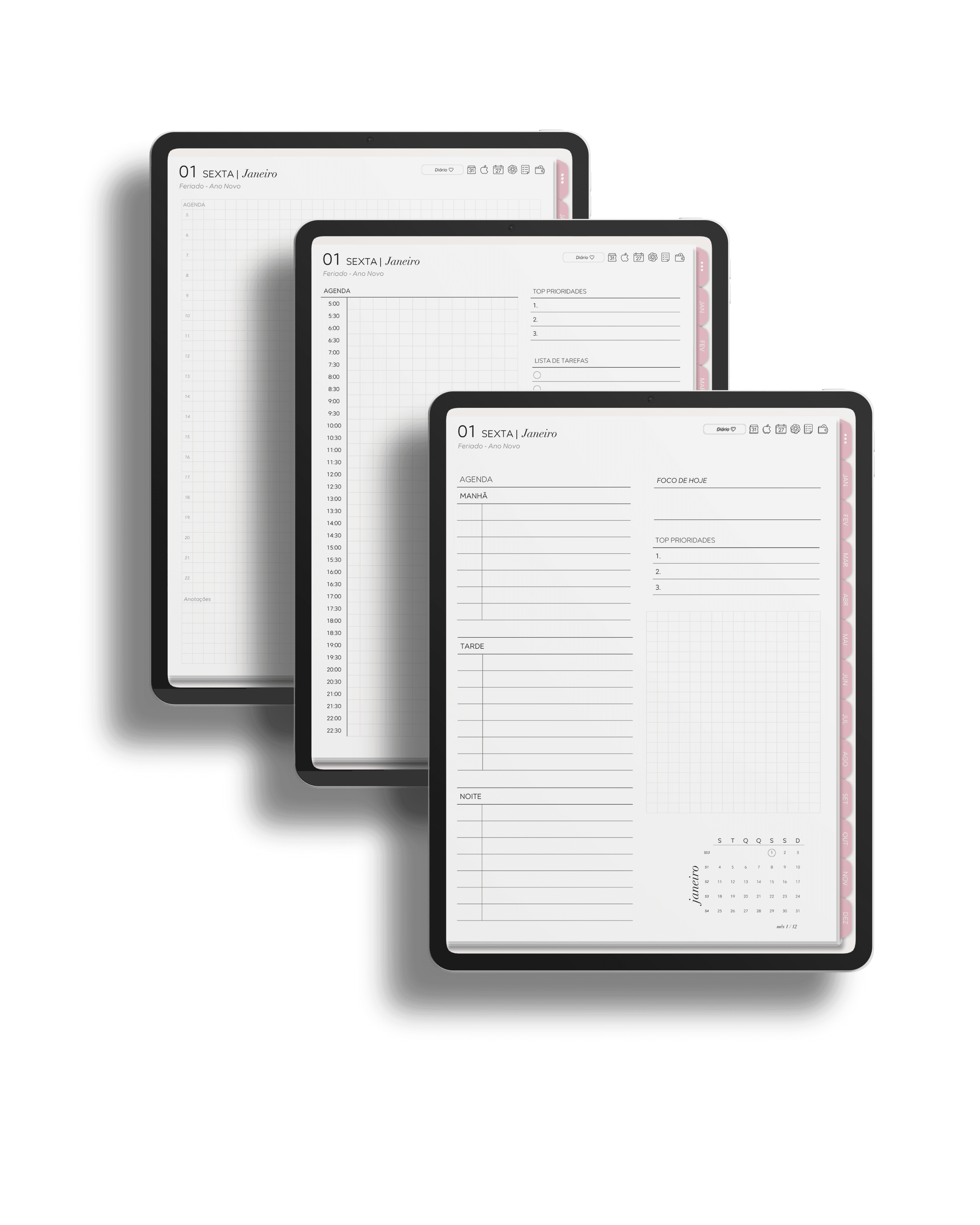 Três modelos de página diária do Planner Digital 2027, um do lado do outro