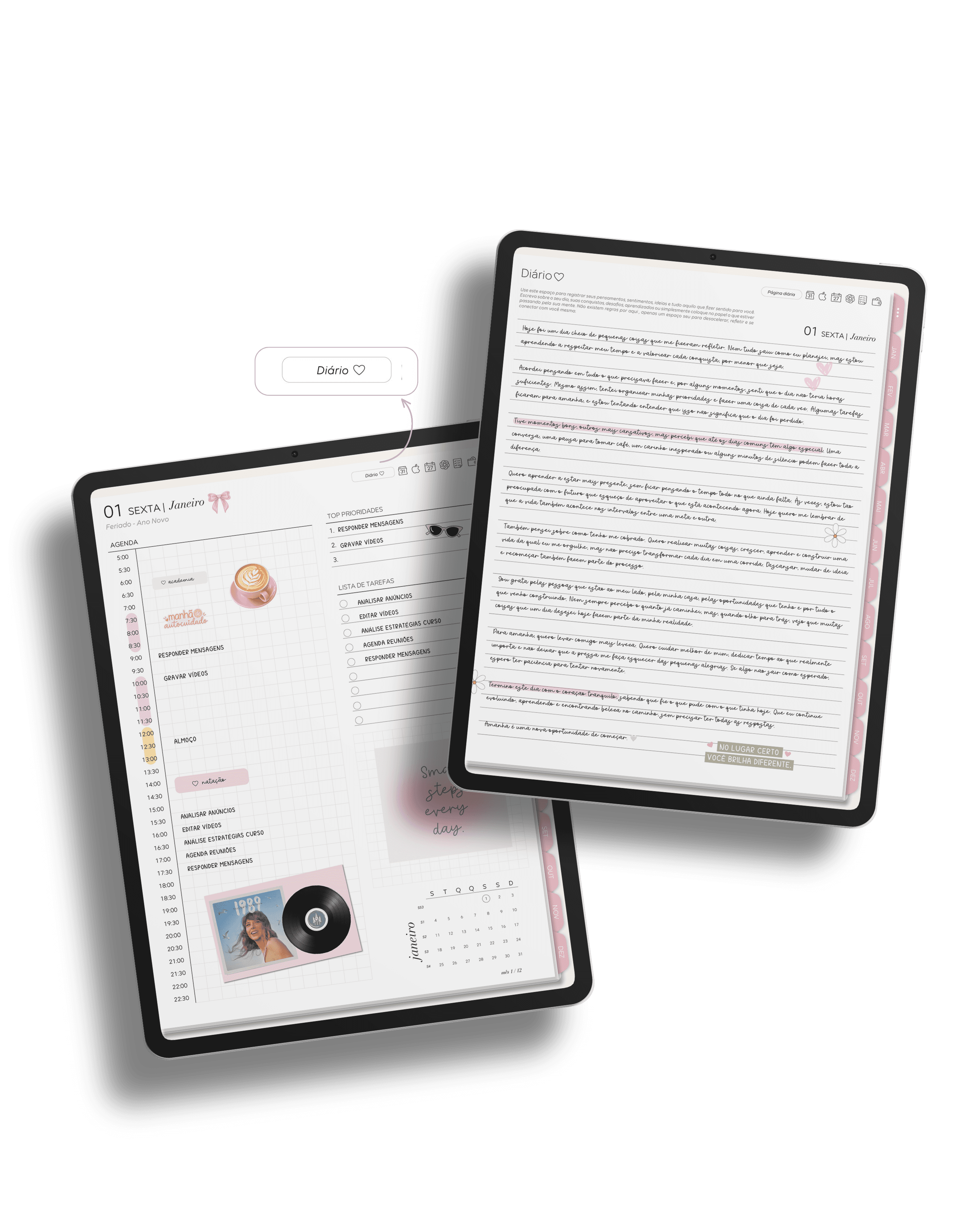 Página de diário do Planner Digital 2027 aberta em um tablet