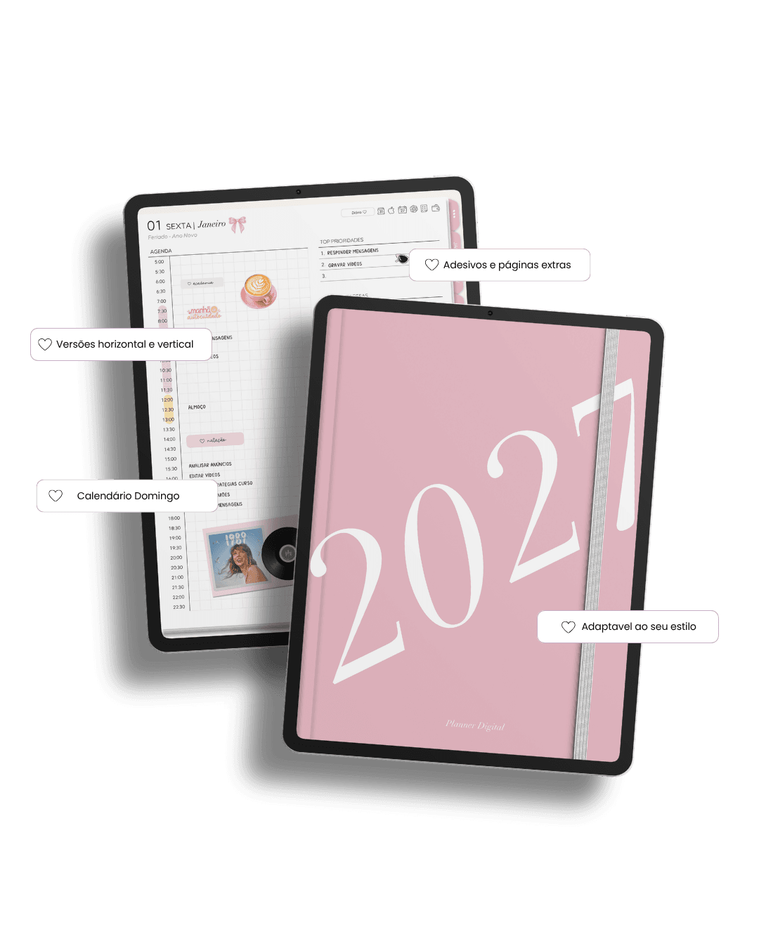 Planner Digital 2027 aberto em tablets, mostrando páginas de agenda e calendário