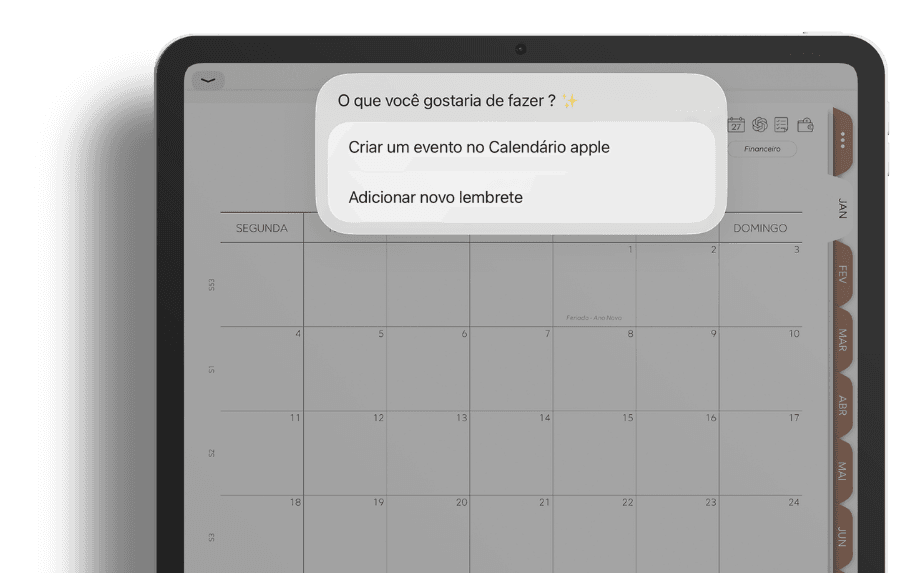 Tablet mostrando integração do Planner Digital com calendário e lembretes